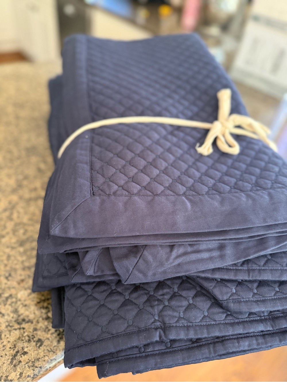 Navy Quilted Cotton King Coverlet with Shams